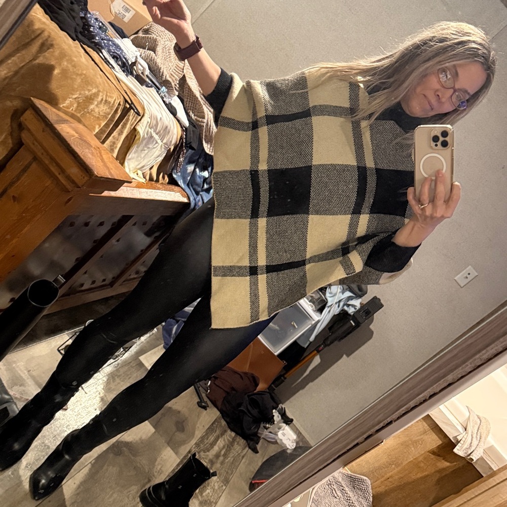 SHEIN Black and Cream Plaid Poncho Sweater